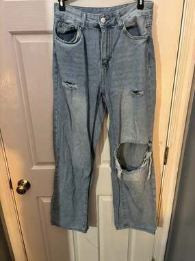 SHEIN Light Wash Distressed Ripped Wide Leg Denim Jeans Size 28